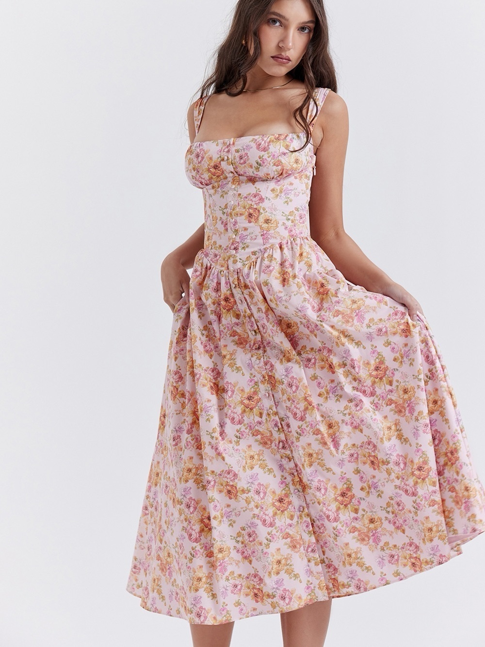 House of CB Tatiana pink print  Midi sundress with Sweetheart Neckline - Picture 2 of 7